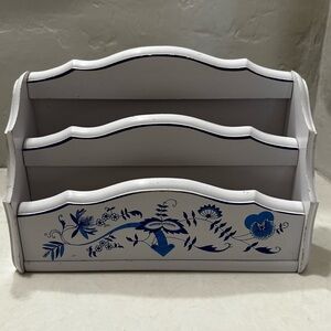 Vintage Table Top Organizer Wooden White With Blue Floral Print Farmhouse